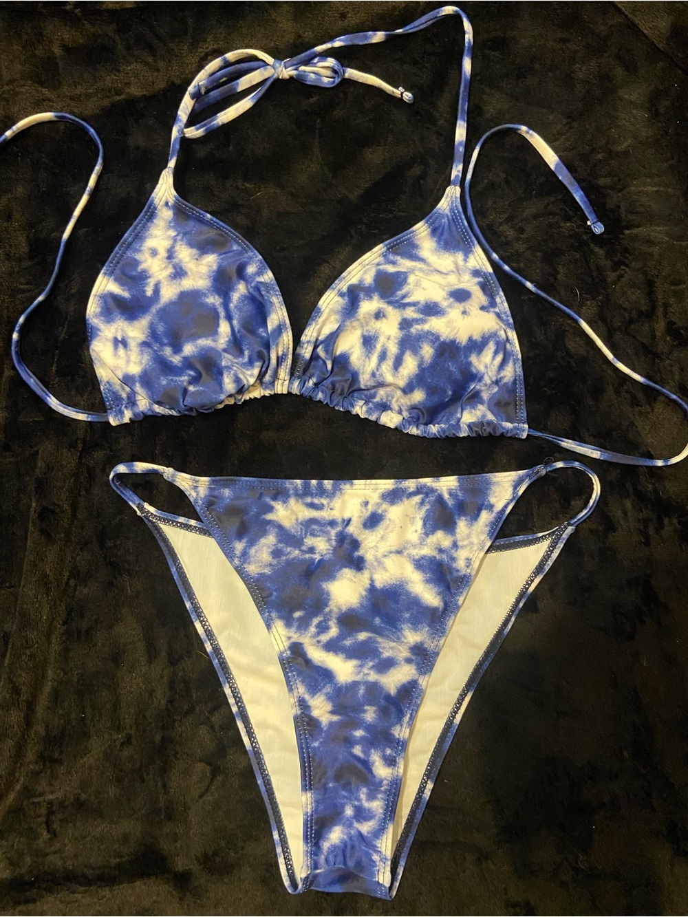 Blue and White Tie-Dye Triangle Bikini Set
